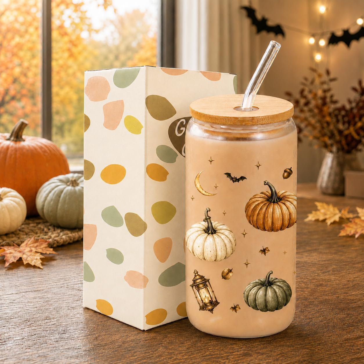 Lamyba Fall Boo Basket Stuffers for Adults Teens Girls - Halloween Fall Gifts for Women, 16oz Pumpkin Glass Cups with Lid & Straw