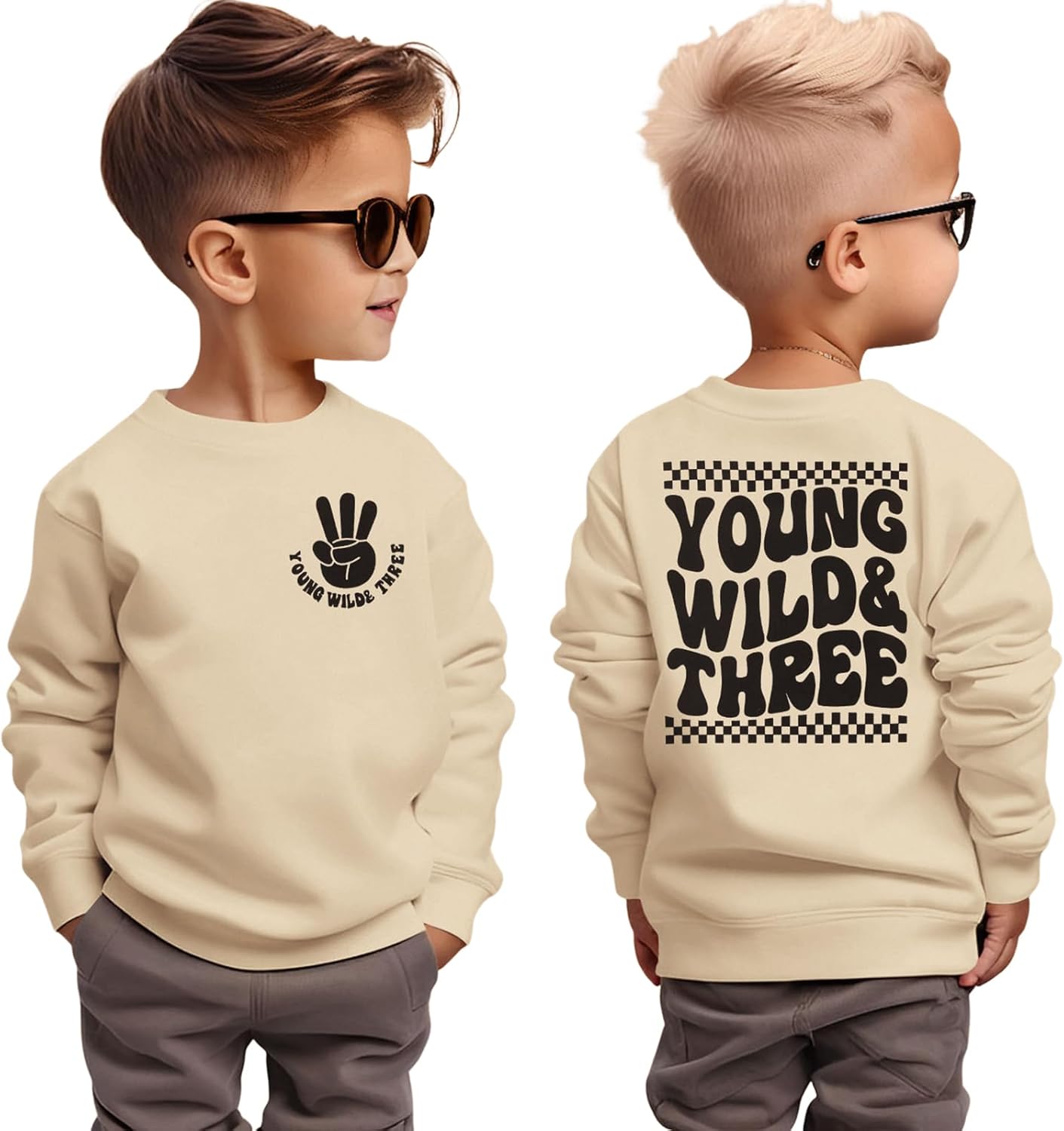 BOUTIKOME Young Wild and Three Birthday Boy Sweatshirt 3 Year Old Boy Pullover Third B-Day Party Shirt Fall Long Sleeve Tops