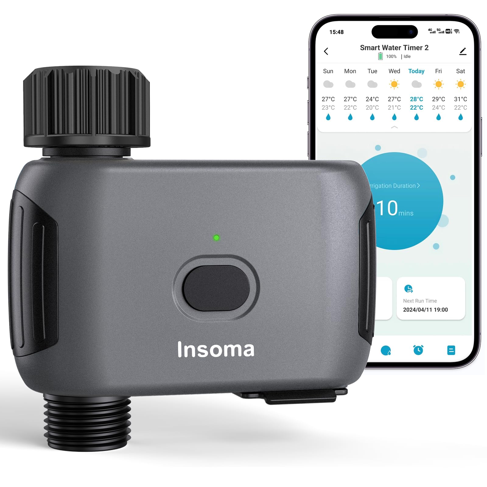 Insoma Wi-Fi Water Timer main unit connected to a faucet and hose, with a smartphone displaying the control app.