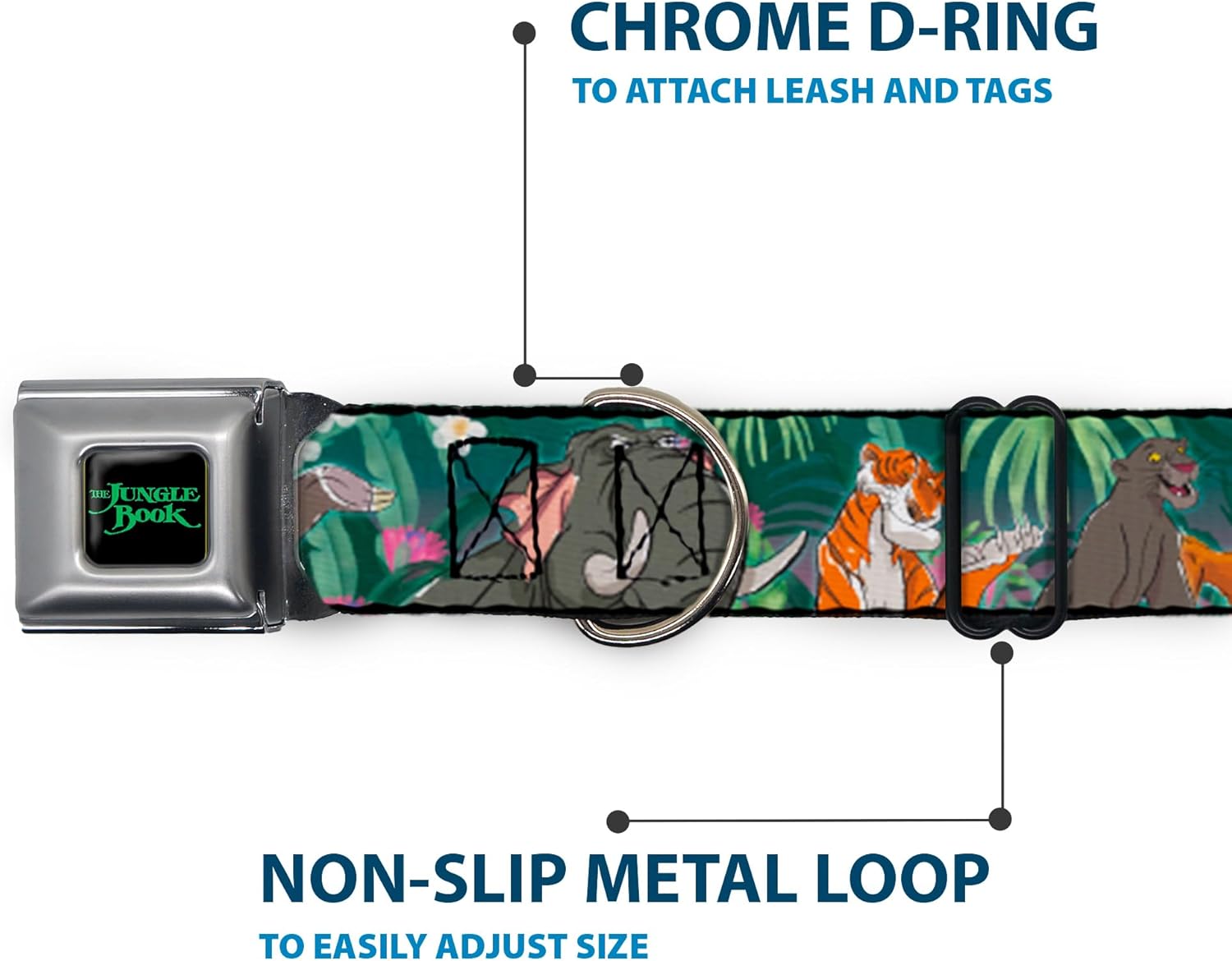 Buckle-Down Dog Collar Seatbelt Buckle The Jungle Book 8 Character Group Greens, Multicolor, 1.5" Wide - Fits 18-32" Neck - Large (DC-WDY308-WL)