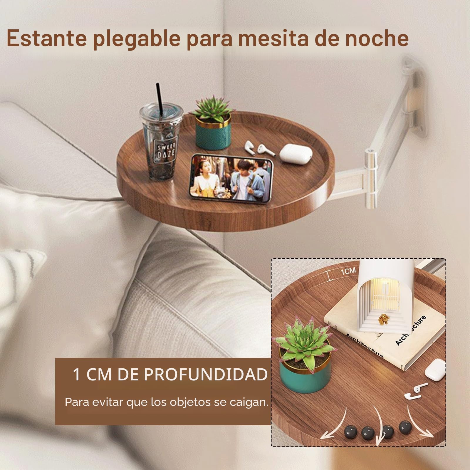 Mesa Plegable Redonda De Pared, Ajuste Libre De 720° Mesas Plegables Escritorio Plegable De Pared Mesita De Noche De Pared Que Ahorra Espacio para Dormitorio SalóN Y BalcóN (Nogal)