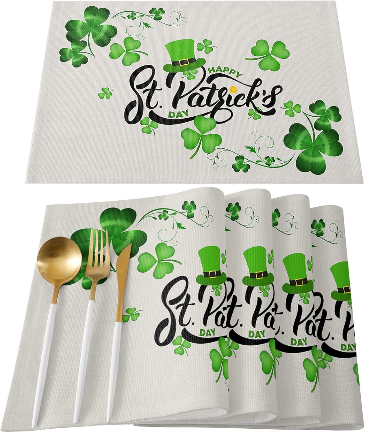 St Patrick's Day Placemats Shamrock Clover Green Hat Tablemats for Dinner Table Happy St Partrick's Day Table Mats Non-Slip Washable Heat Resistant Set of 4