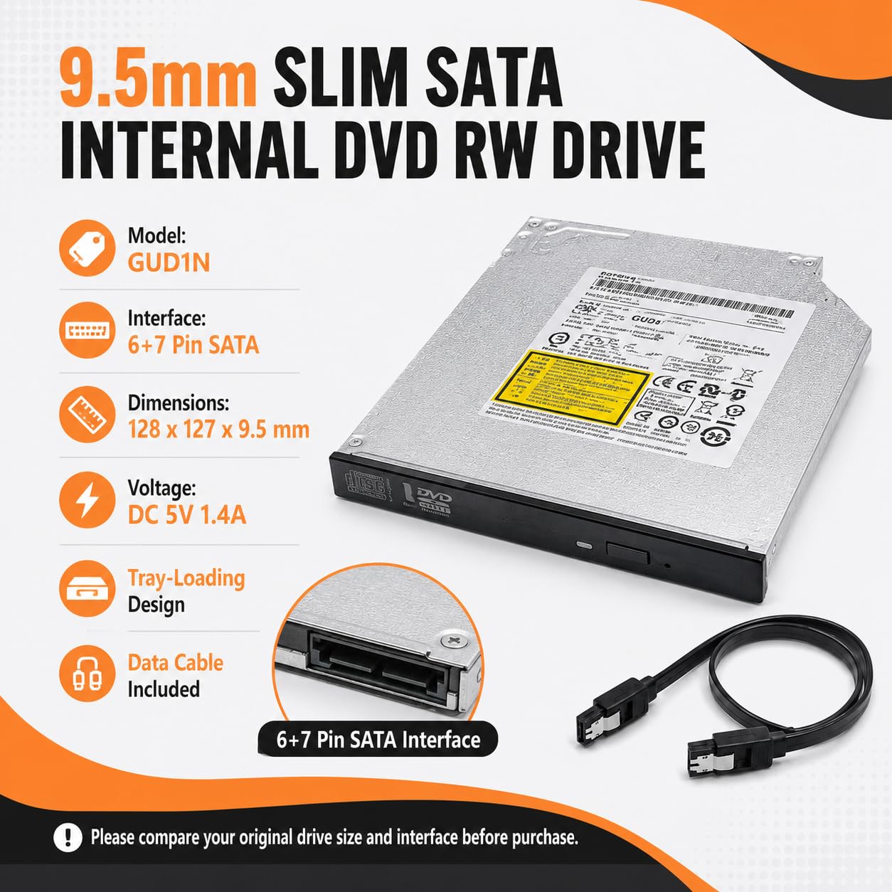 Lecteur DVD RW interne SATA 9,5 mm, GUD1N Slim à chargement par plateau, graveur de CD DVD 8X avec support M-DISC, remplacement super multiple pour ordinateur portable et ordinateur de bureau