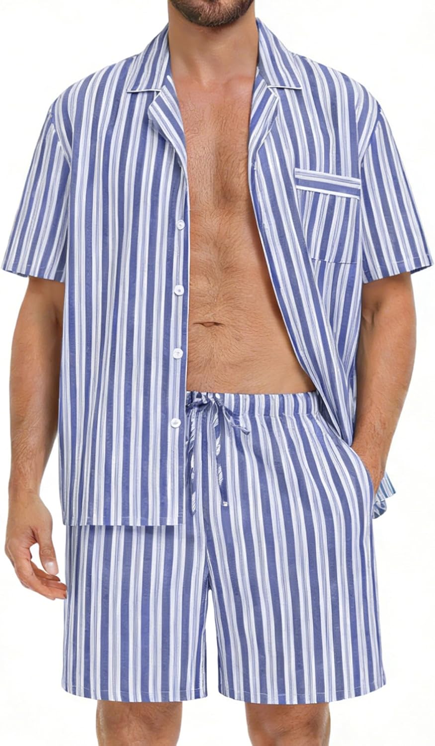 SWOMOG Mens 100% Cotton Pajama Set 2Pcs Button Down Pjs Set Short Sleeve Sleepwear with Pocket Soft Summer Stripe Nightwear