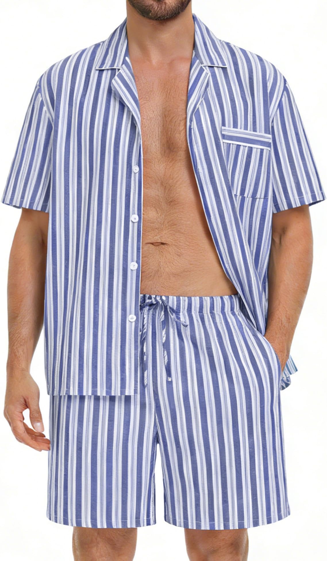Mens 100% Cotton Pajama Set 2Pcs Button Down Pjs Set Short Sleeve Sleepwear with Pocket Soft Summer Stripe Nightwear