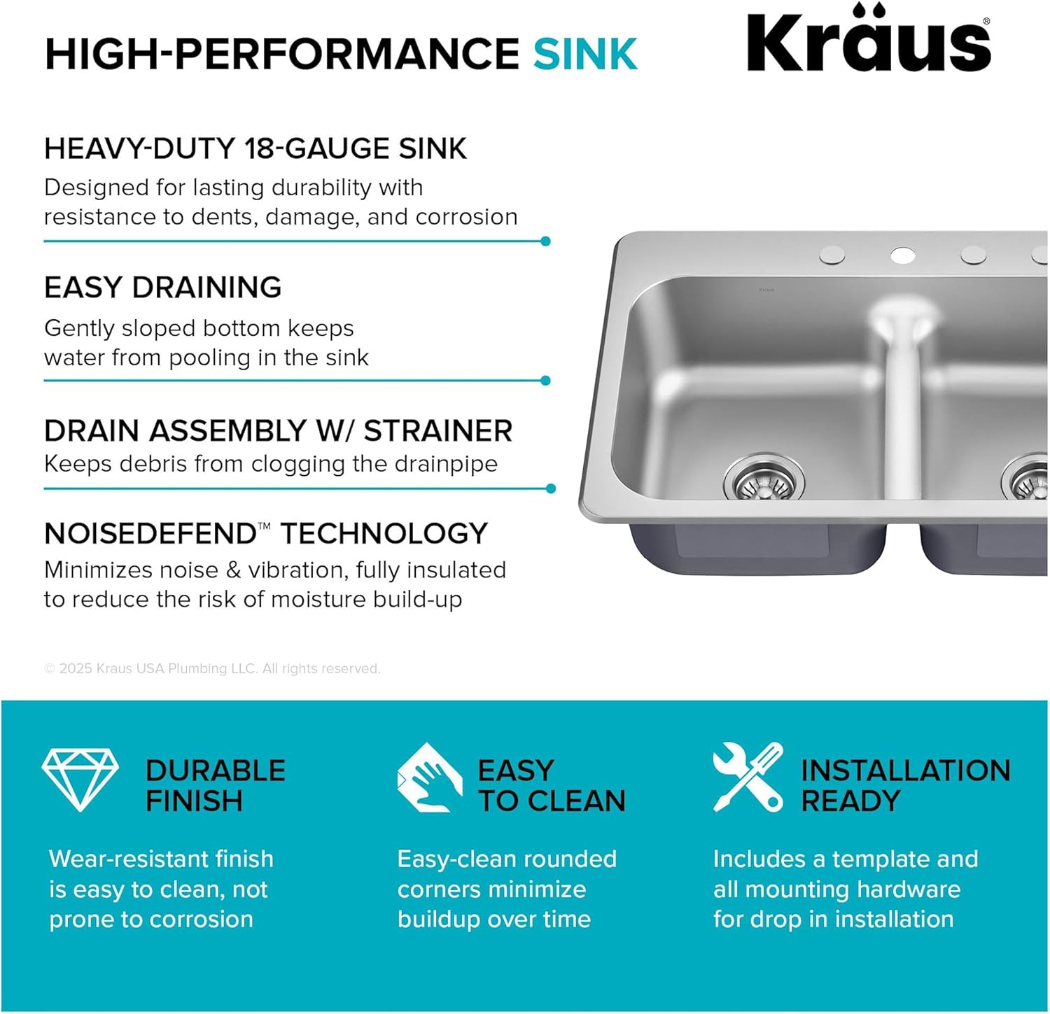 KRAUS Premier 33-inch Drop In/Top Mount 50/50 Double Bowl with Low Divide 18-Gauge Stainless Steel Kitchen Sink with Strainers (x2), KTM102-33