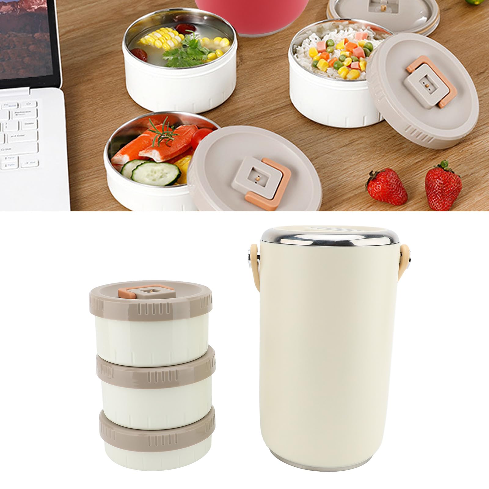 Tarro de comida aislado al vacío de acero inoxidable de 2,6 l con asa, lonchera aislada apilable de 3 niveles, apto para microondas a prueba de fugas para oficina y camping (Blanca)