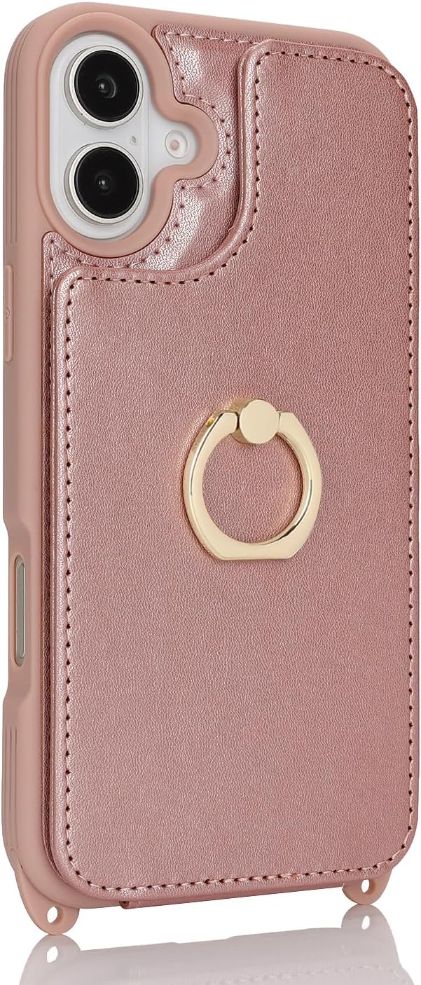 for iPhone 16 Case with Card Holder and Strap for Women,Crossbody Lanyard,Ring Stand,Snap Clasp,Cute Phone Wallet Cases 6.1 inch(Rose Gold) - Image 5