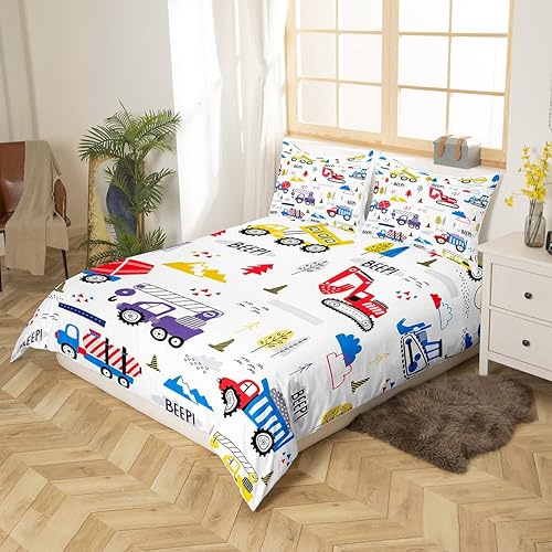 Miniatura 2 de Juego de funda de edredón de camión de construcción para niños, tamaño matrimonial, juego de ropa de cama de automóviles de dibujos animados para