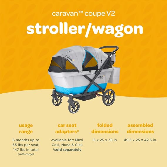 Larktale Caravan Coupe V2 Stroller Wagon for 2 Kids, All-Terrain 2-Seater Wagon Stroller with Reclining Seats, Compact Fold, Adjustable Handlebar, Vented Canopies & Parent Console, Gray/Blue