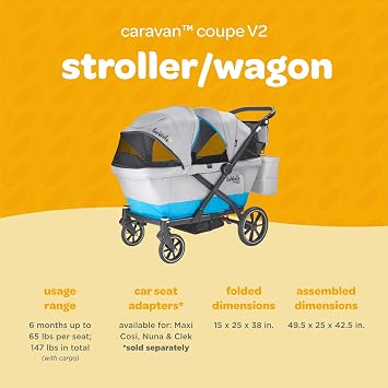 Larktale Caravan Coupe V2 Stroller Wagon for 2 Kids, All-Terrain 2-Seater Wagon Stroller with Reclining Seats, Compact Fold, Adjustable Handlebar, Vented Canopies & Parent Console, Gray/Blue