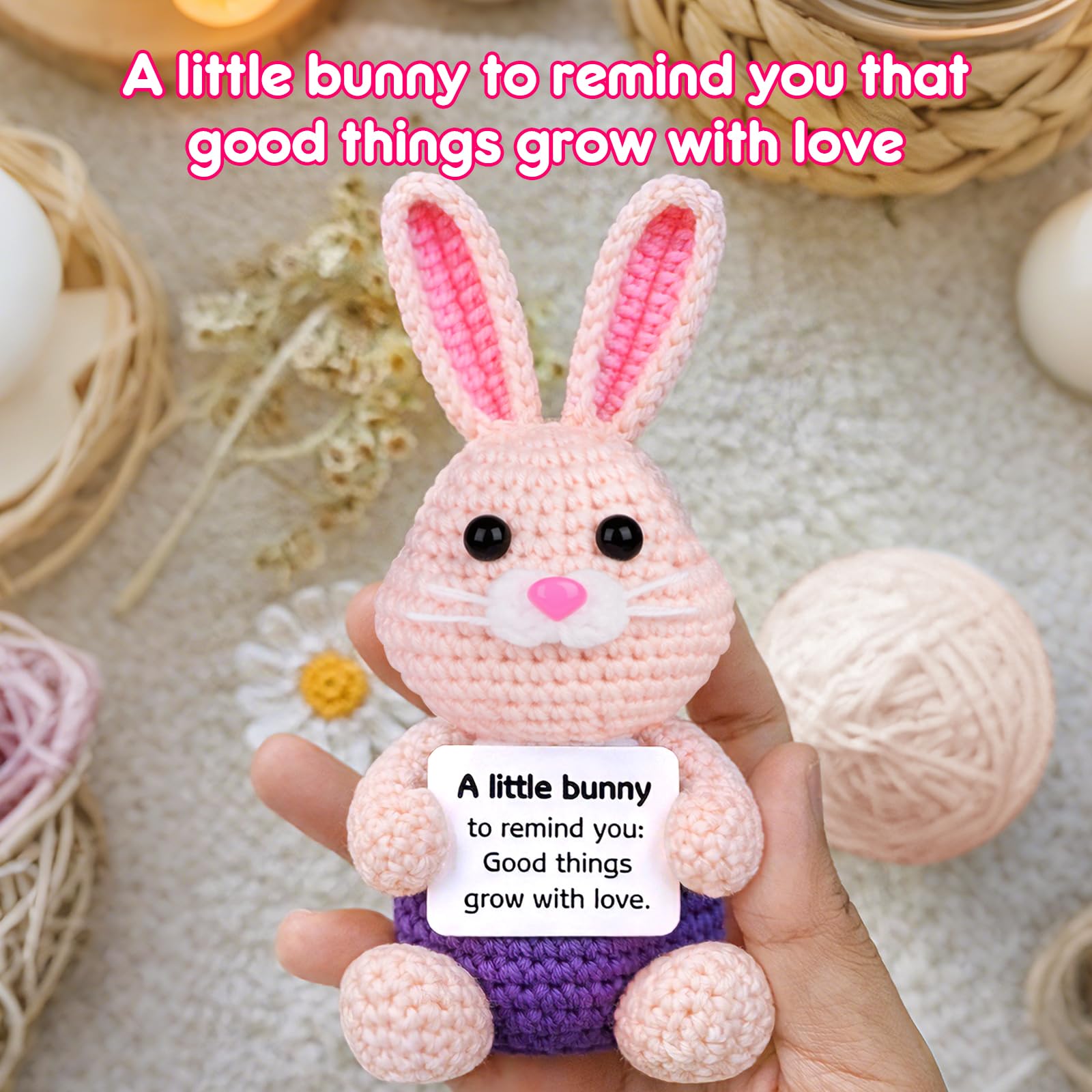 5 Pcs Finished Easter Positive Crochet Animals for Teen Girls & Adults Women, Handmade Filled Easter Basket with Crochet Bunny, Carrot, 2 Eggs, Easter Decoration Gifts Prefilled with Animal Stuffers