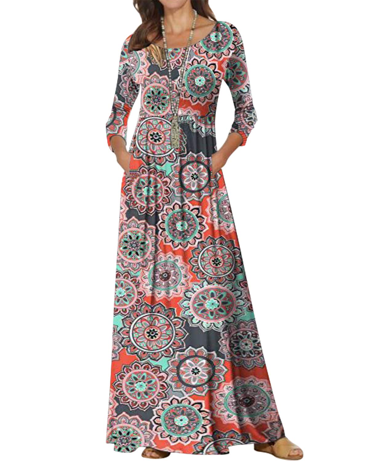 Jacansi Women's Cotton 3/4 Long Sleeve Maxi Dress Casual Home Dress Pocket Oversize