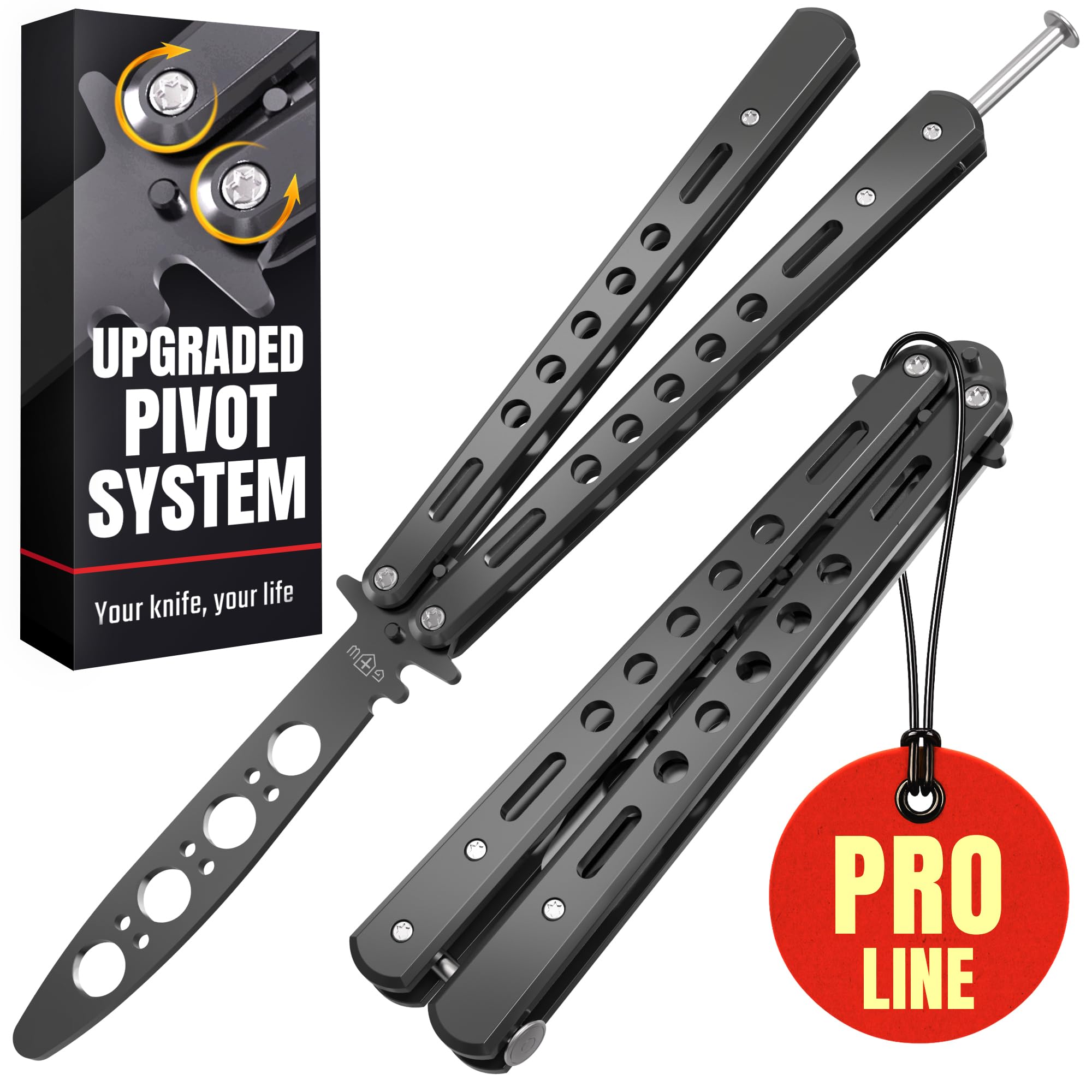 Butterfly Knife - Balisong Trainer - Black Practice Butterfly Trainer with Sure Spring Latch - Balisong Knives NOT Real NOT Sharp Blade - Full Stainless Steel Fake Dull Trick CSGO Fidget Toy K10B