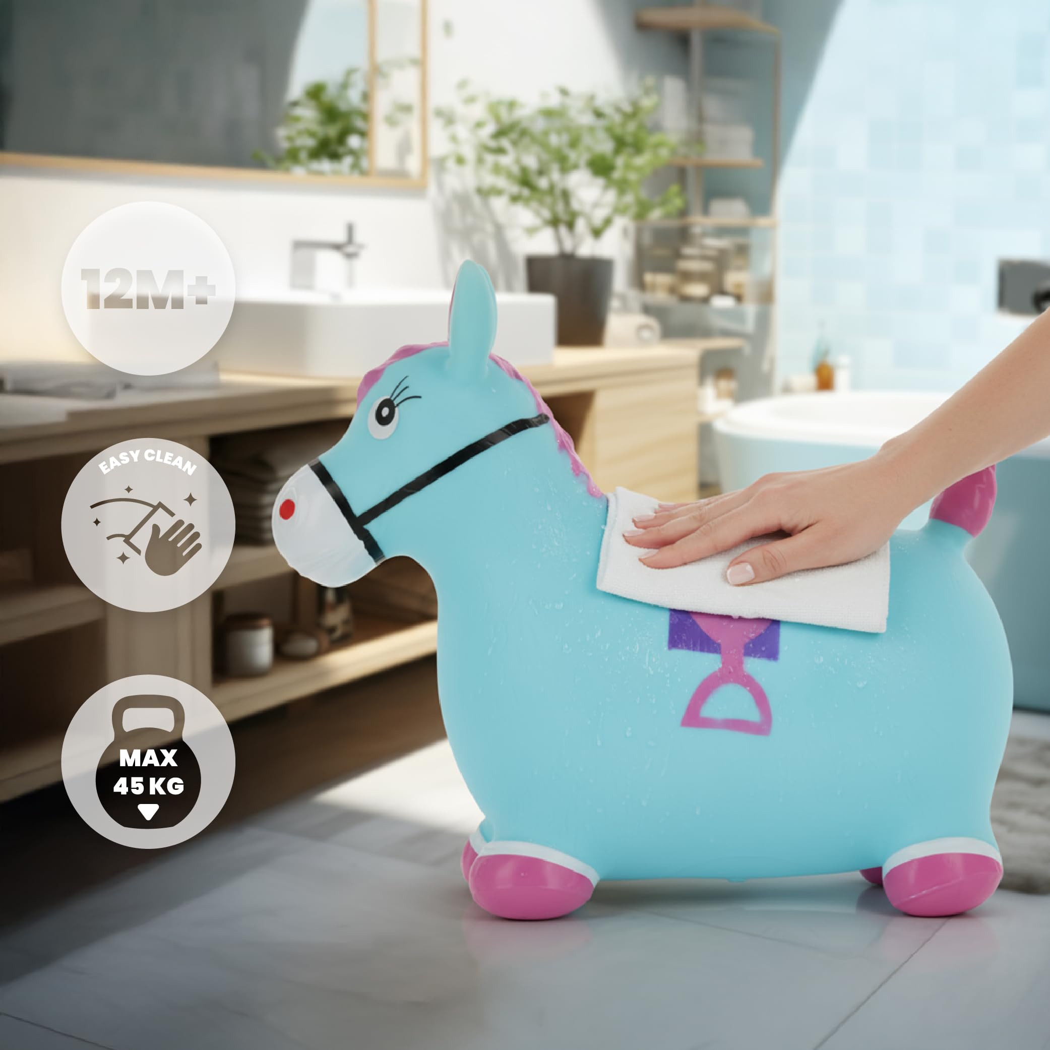 Sun Baby Animale gonfiabile che salta, giocattolo di 1 anno, saltarello per bambini, design ergonomico, cavallo giocattolo, pompa manuale inclusa (Cavallo blu)