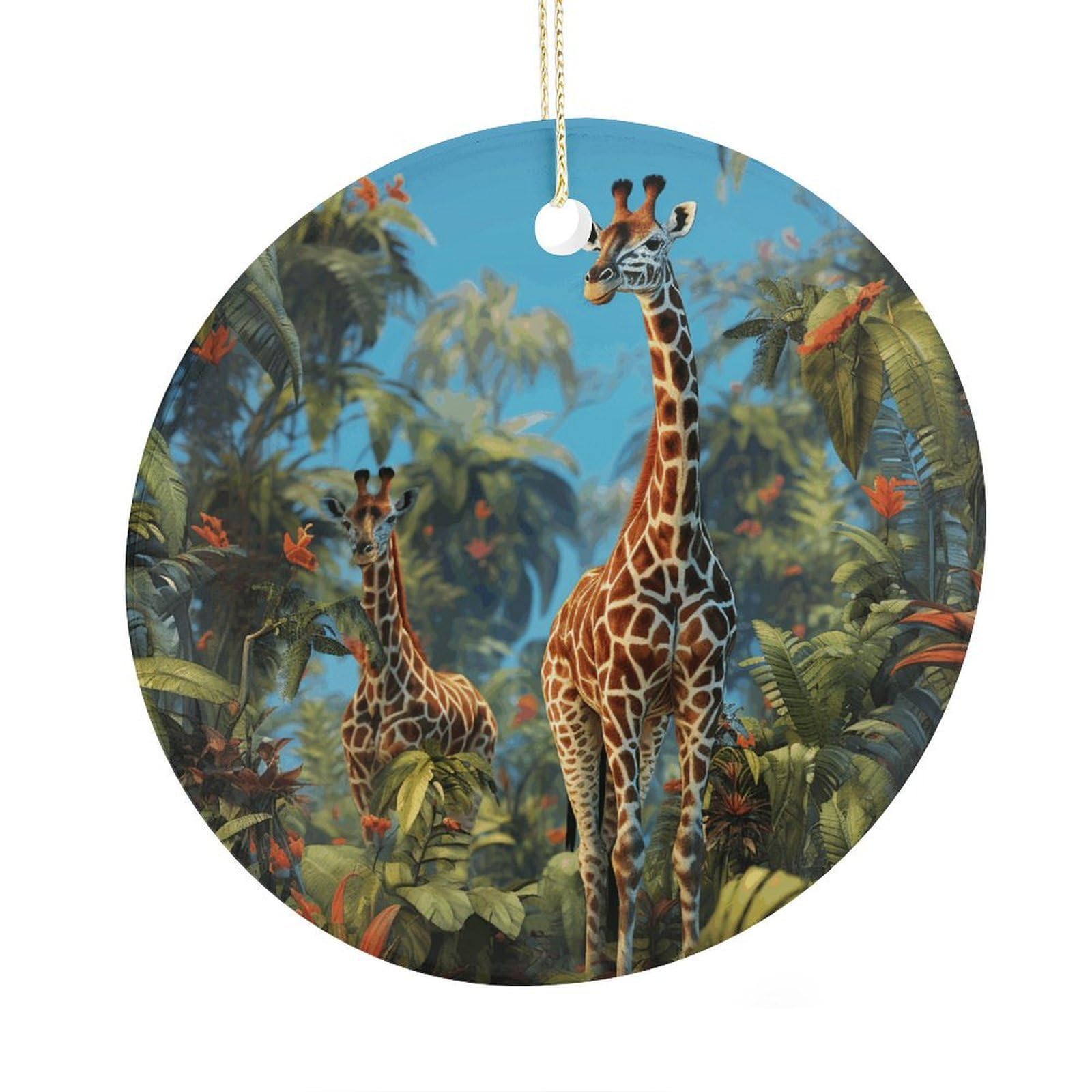Fekiloot Style Jungle Giraffe Christmas Ornaments 2.9 Inch Round Ceramic Ornament Keepsake Thank You Gifts For Office, Room, Home - Holiday Present Ideas