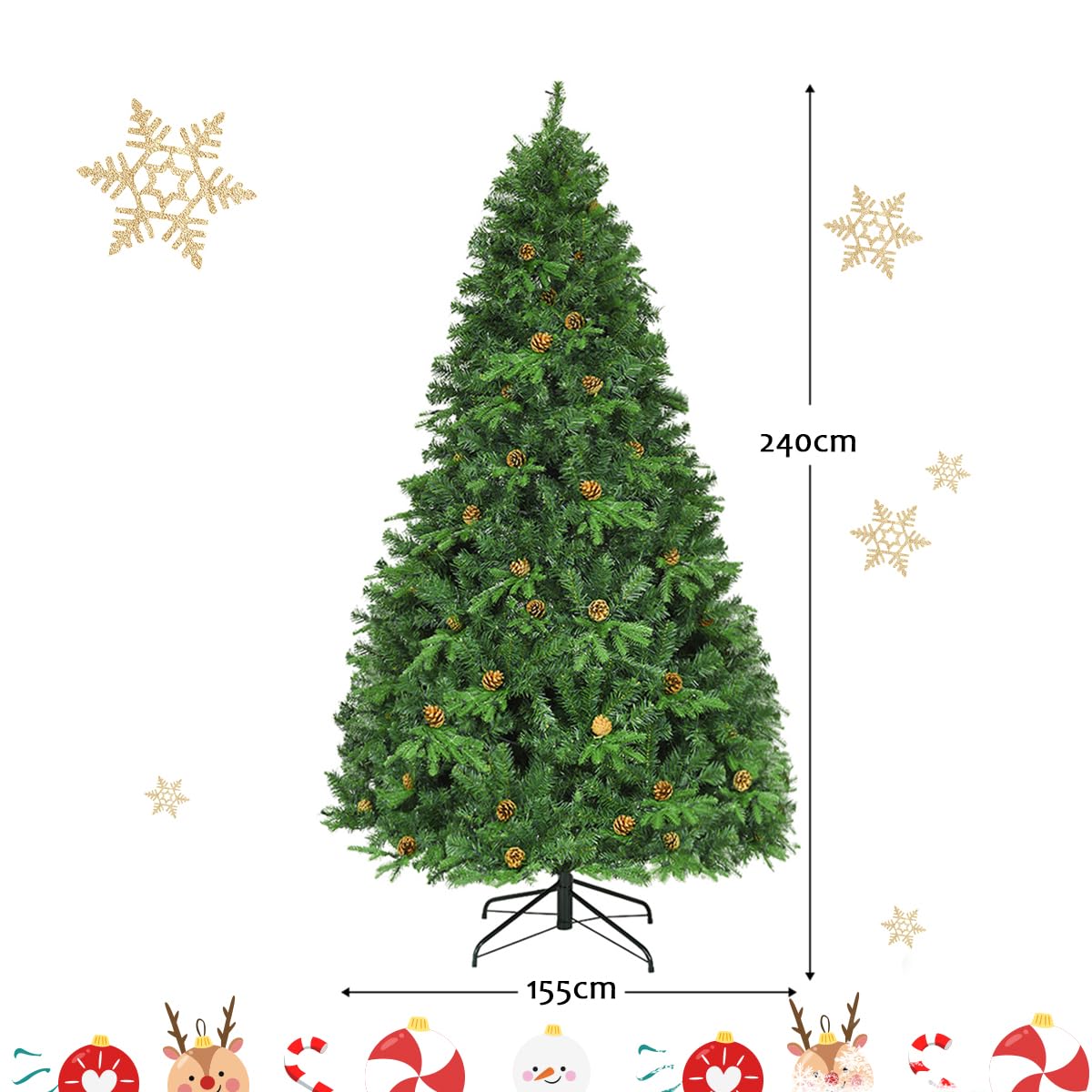 GOPLUS 210/225/240cm Künstlicher Weihnachtsbaum mit Beleuchtung, Tannenbaum künstlich mit Tannenzapfen, Christbaum für Zuhause, Büro, Wohnzimmer (240 cm)