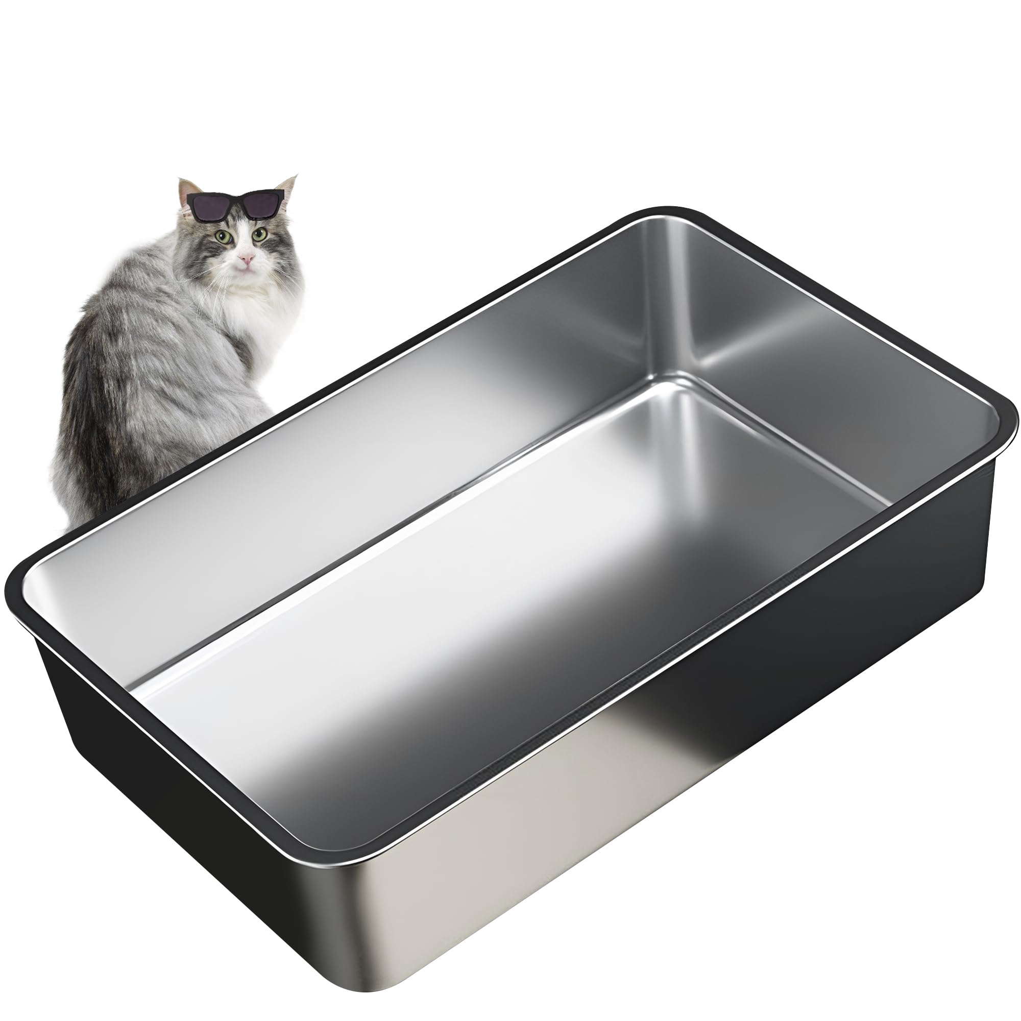 Vealind Stainless Steel Cat Litter Tray Heavy Duty 60L x 40W x15H CM, Metal Non Stick Surface Litter Box for Cats Anti-leakage Easy to Clean Open Top Kitty Litter Pan XL — image 1