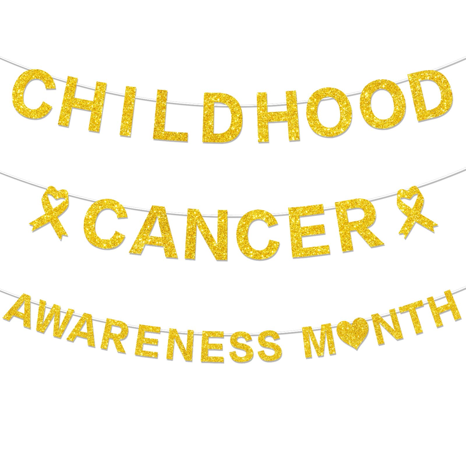 Gameza Childhood Cancer Awareness Decorations - 3PCS Glitter Childhood Cancer Awareness Month Party Banner Decor, Gold Ribbon Charity Public Social Event Party Supplies, No-DIY