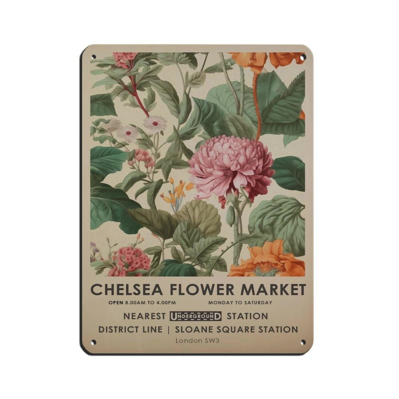 Chelsea Flower Market, Vibrant Botanical Art, Gift (3) Tin Sign Vintage Metal Pub Club Cafe Bar Home Wall Art Decoration Poster Retro 12x16inch(30x40cm)