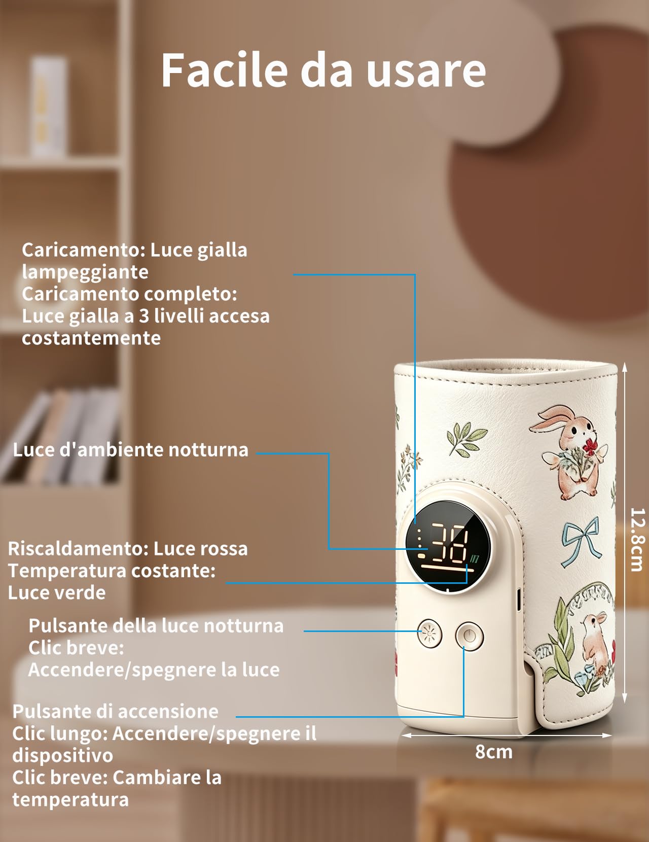 Scaldabiberon per bambini, con batteria da 8000 mAh, 6 livelli di temperatura da 38 a 50 °C, indicatore LED e luce notturna, portatile, funzione di ricarica USB, per viaggi e casa (beige)