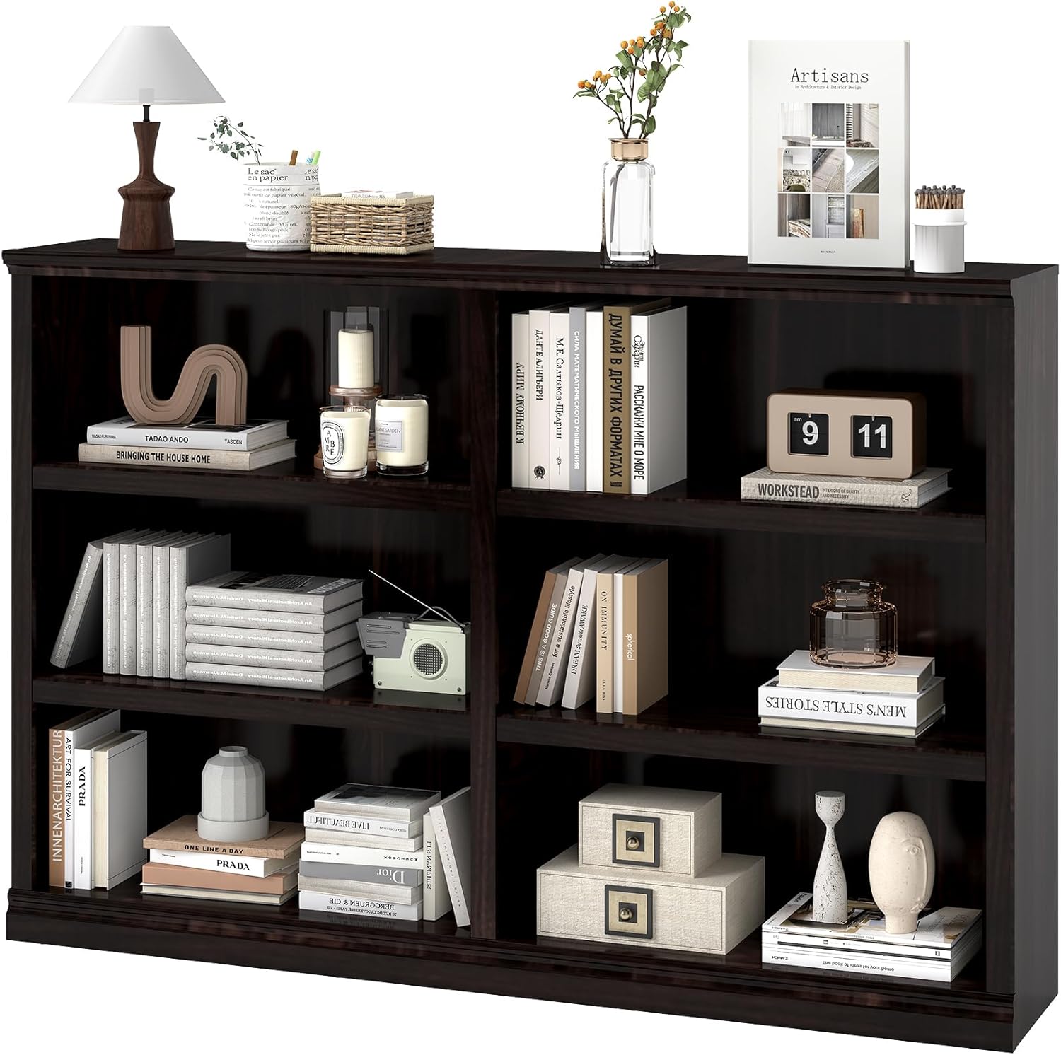 Double Wide Open Shelf Bookcase - 3 Tiers 6 Storage Cube Adjustable Space Book Case, Display Cabinet Organizer with Bookshelf, 64.8 inch Width Indoor Furniture for Home Library Office, Dark Cherry