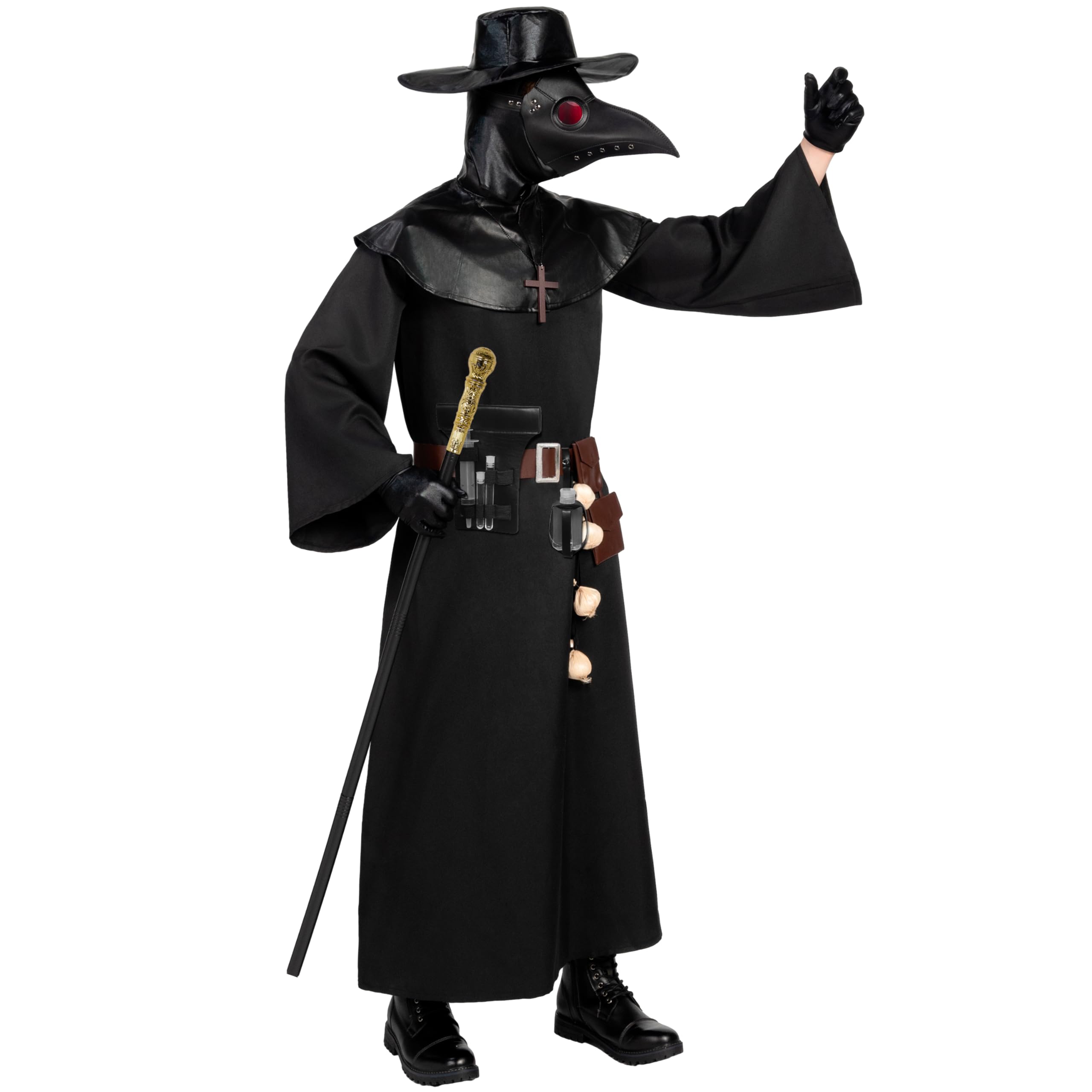 Spooktacular Creations Costume da uomo nero da medico della peste con cappello, maschera, scialle, veste, guanti, cintura, aglio, scettro