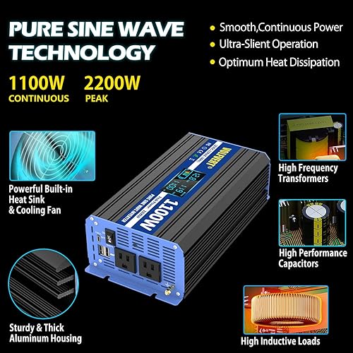 Miniatura 4 de Inversor de onda sinusoidal pura de 1100 vatios, convertidor de 12 V CC a 110 V 120 V CA con dos salidas de CA, puertos USB, puertos tipo C, control