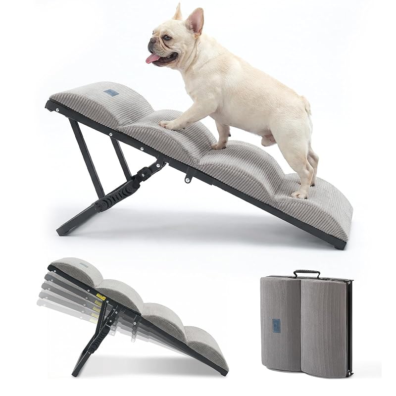 Rampa ajustável para cães com estrutura metálica e tecido antiderrapante Veehoo Light Gray, 30,48–50,8 cm