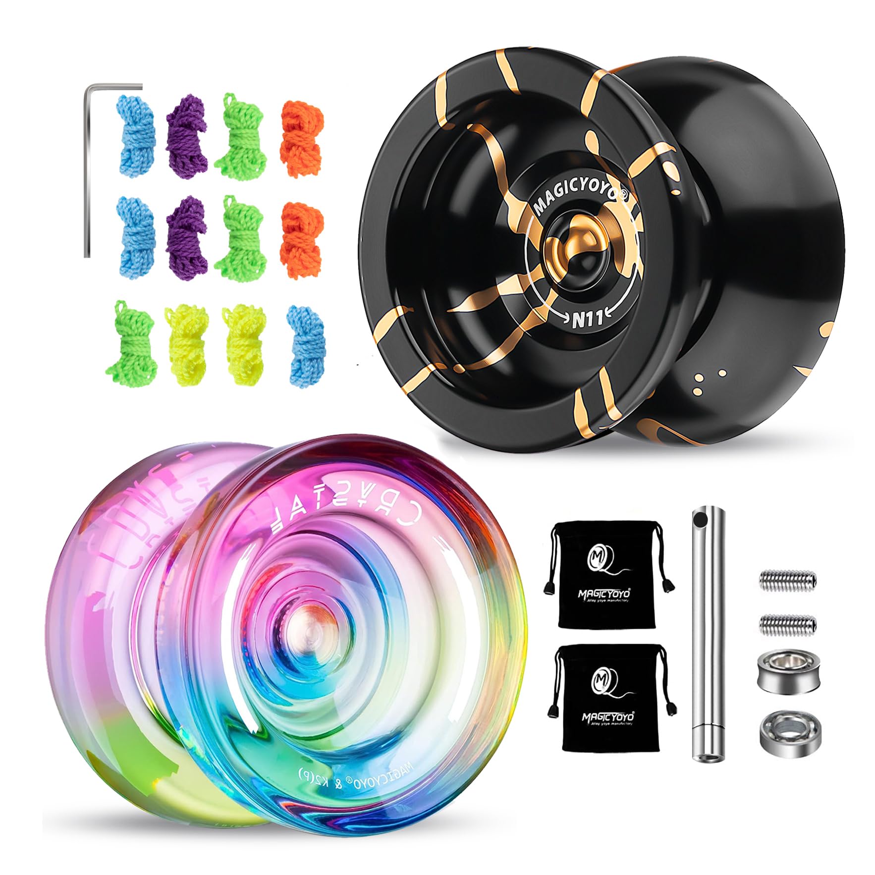 MAGICYOYO Dual Purpose Yoyos - N11 Black Golden Alloy Professional Unresponsive Yo Yo and K2 Blue Pink Yellow Plastic Responsive Yo-yo with Bearings Kit and 2 Bags, 12 Strings