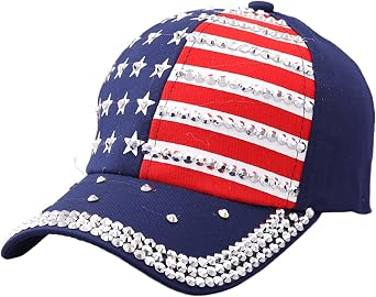 Rhinestone American Flag Baseball Cap Women Men 4th of July Patriotic Trucker Cap Sparkly USA Flag Hip Hop Hat