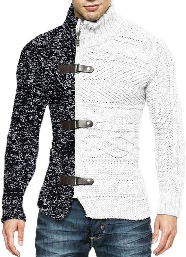 Karlywindow Men's Cable Knitted Oplique Zip Button Front Long Sleeve Cardigan Sweater