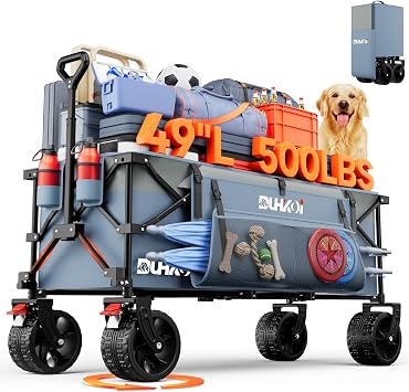 49" L Collapsible Foldable Extended Wagon with 500lbs Weight Capacity,300L Heavy Duty Beach Cart,Large Utility Wagon with Cup Holders,Cart for Sports,Outdoors,Grocery,Shopping LightBlue