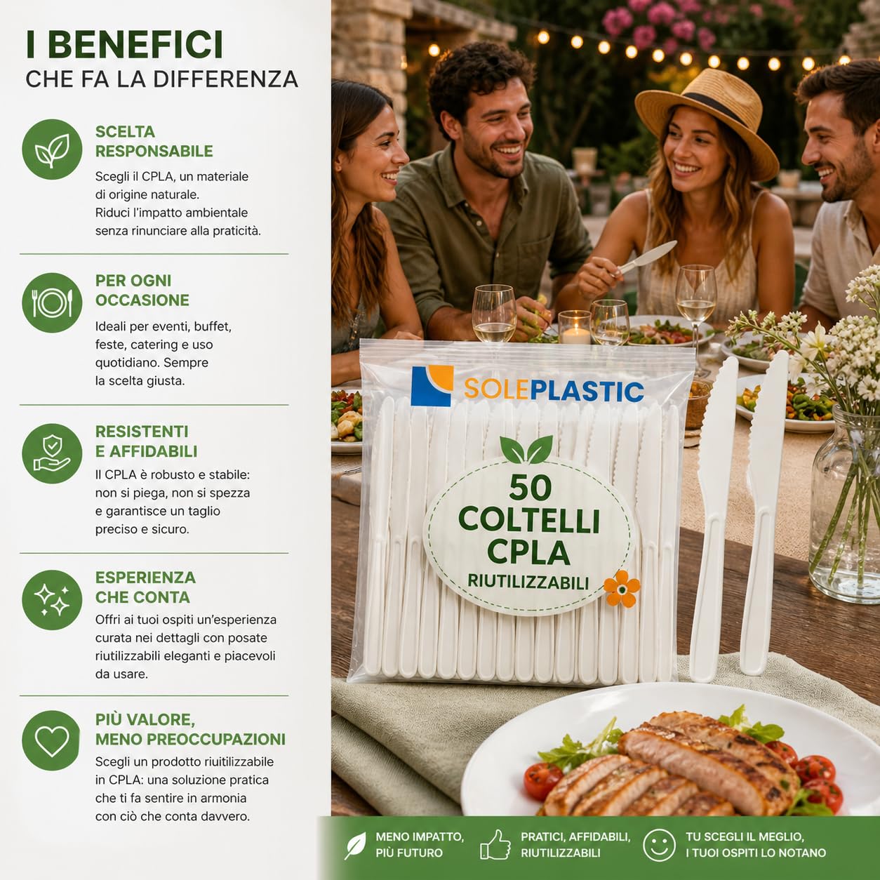 SOLEPLASTIC 50 Coltelli Riutilizzabili da 16 cm Bianco, Posate Ecologiche Resistenti per Catering, Feste, Eventi, Casa e Buffet