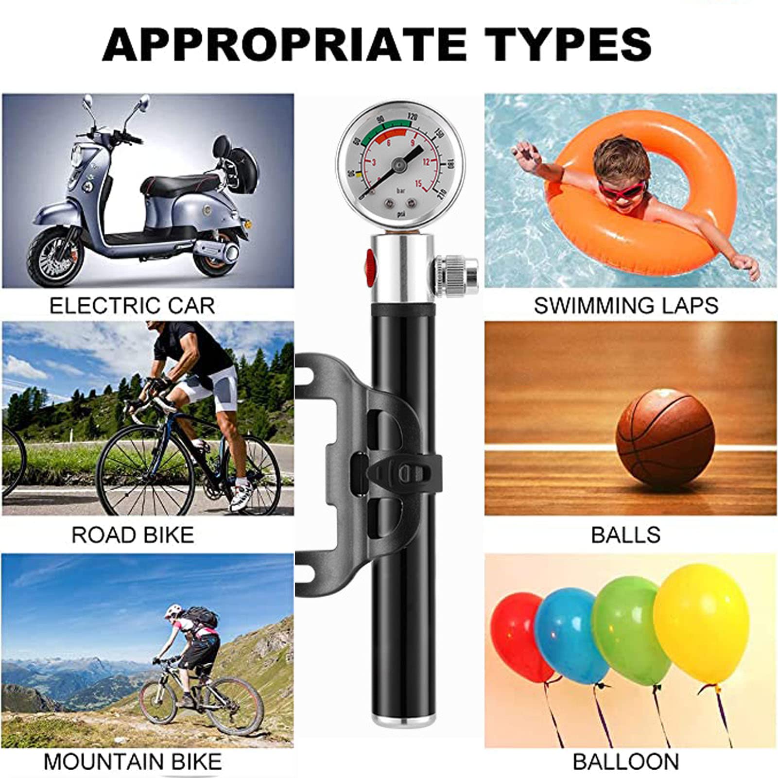 Mini pompa da bicicletta, pompa da bicicletta, adatta per le pompe da bicicletta con valvola e valvola per tutte le biciclette e l'anello di nuoto di calcio di pallacanestro ecc. Può essere installato