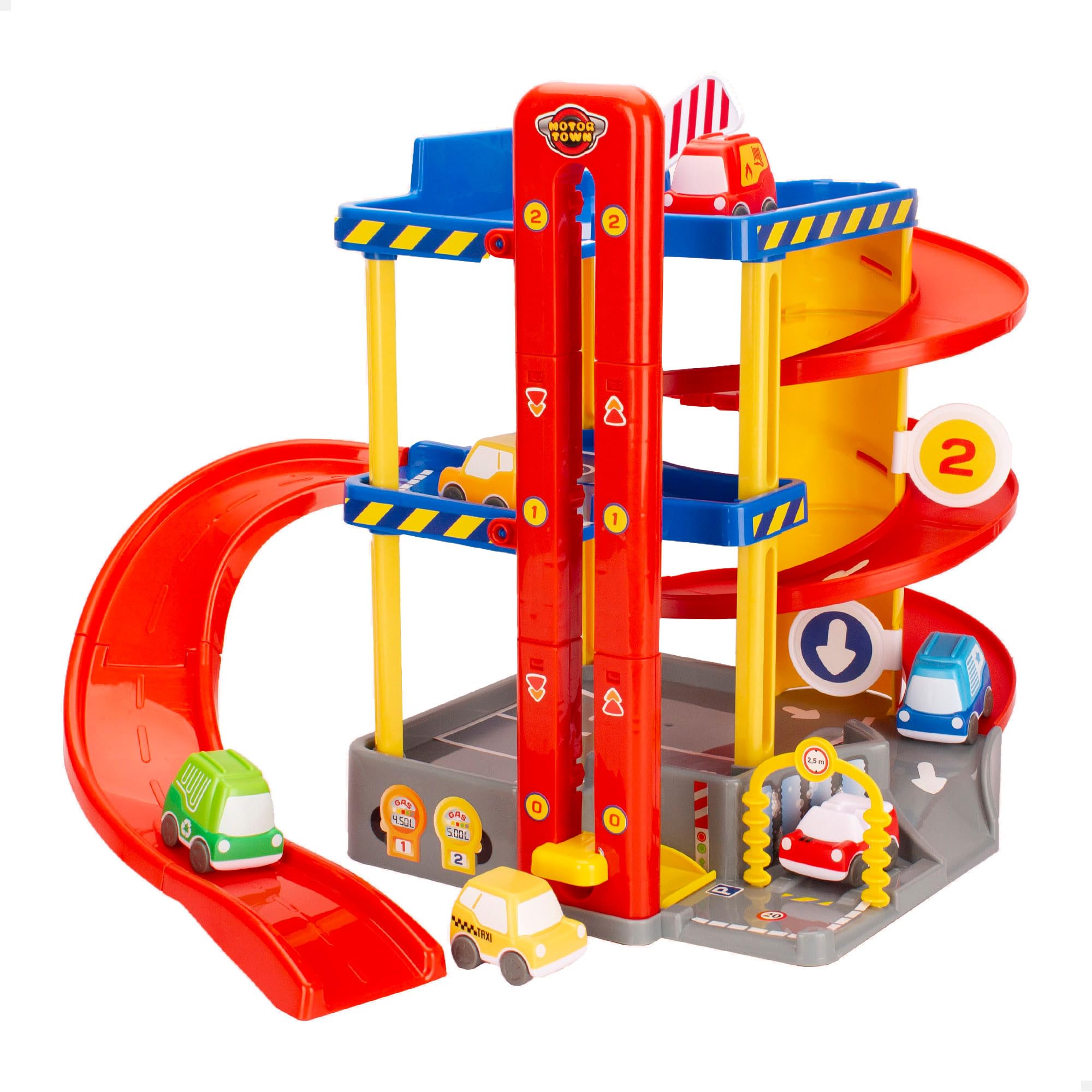 COLORBABY Motor Town, Parking de Juguetes 3 Niveles y Doble Rampa, Incluye 2 Coches y 2 Rampas de Lanzamiento, Pista y Garage Infantil, Juguetes para Niños (49965)