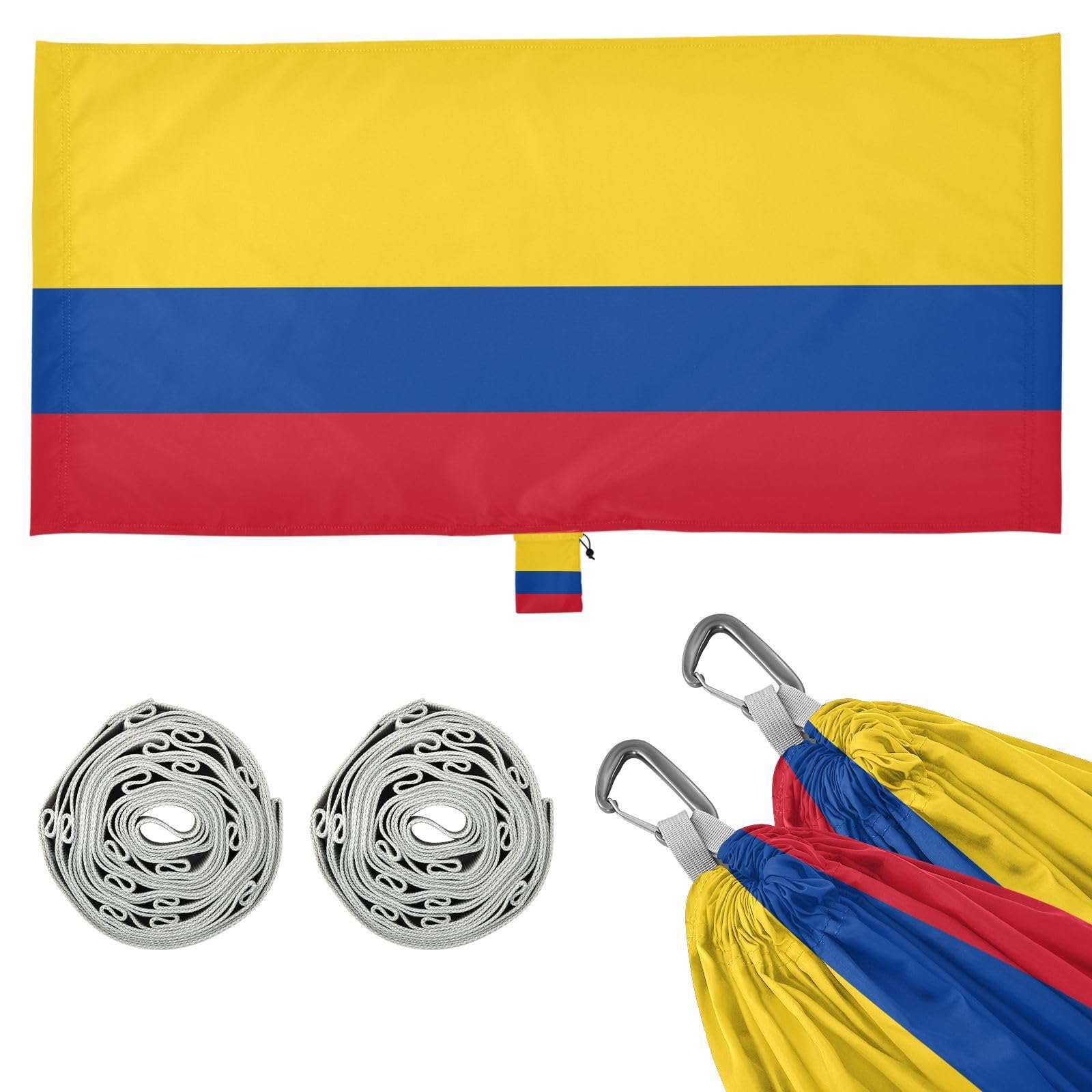 Hamaca de bandera nacional colombiana de Colombia, azul, rojo, amarillo, hamaca para exteriores con correas de árbol, hamaca de cuerda para patio interior y exterior