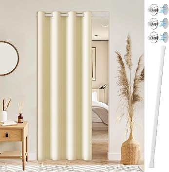 Vatge Door Curtain with Rod and Magnets, W42 x L80, Light Beige | 1 Panel, Doorway Curtain, Closet Curtain, Privacy Assurd
