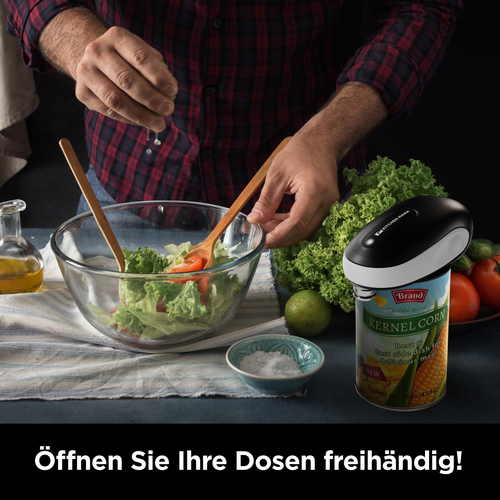 Kitchen Mama One-To-Go Elektrischer Dosenöffner, Weiß | Ein Tastendruck (Auto-Stopp), ohne scharfe Kanten, mit Deckelentferner, batteriebetrieben