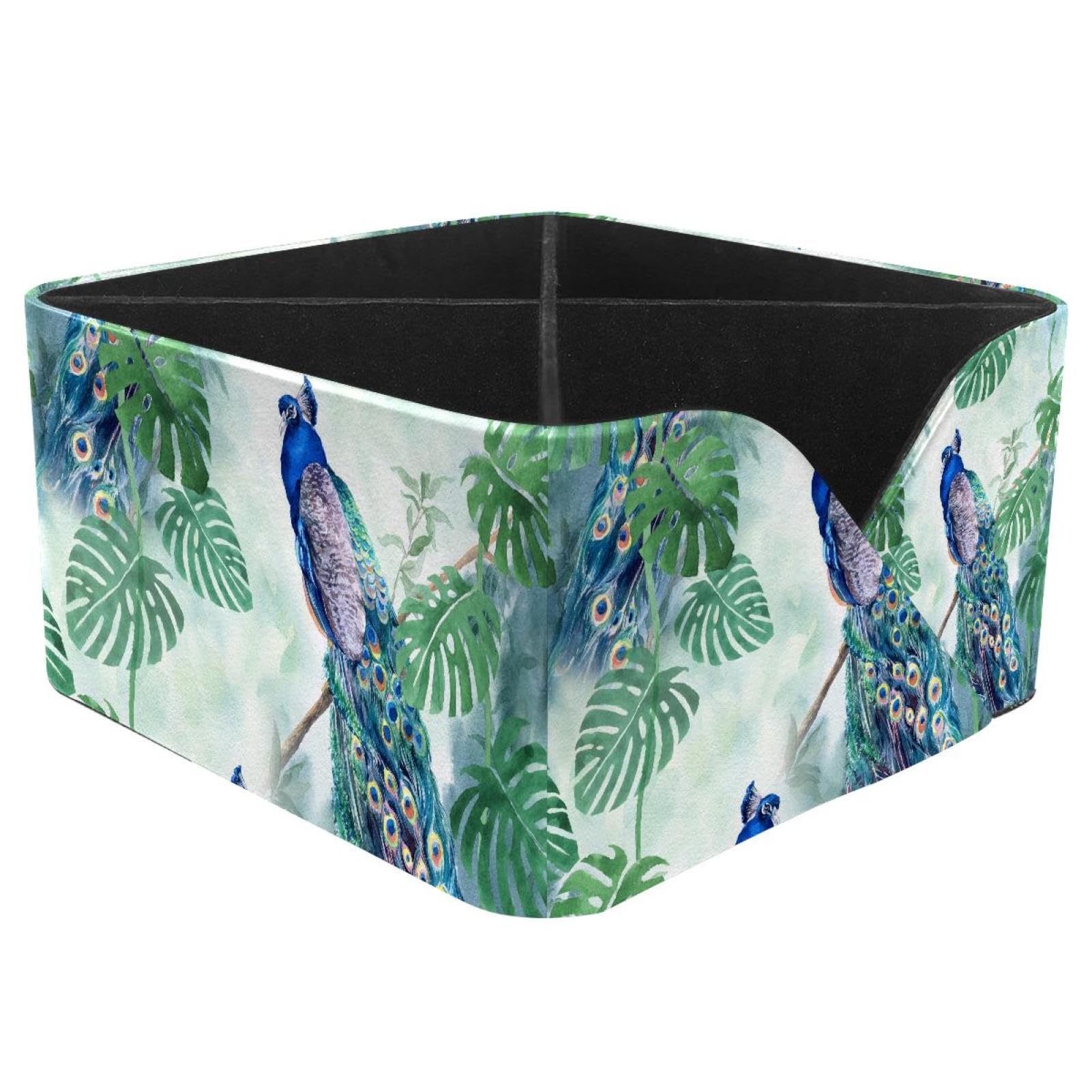 KengjuTesu Peacock Palm Art Watercolor Painting Desktop Organizer Pen Holder, Rectangular Pencil Cup for Office, Study and Makeup Stations