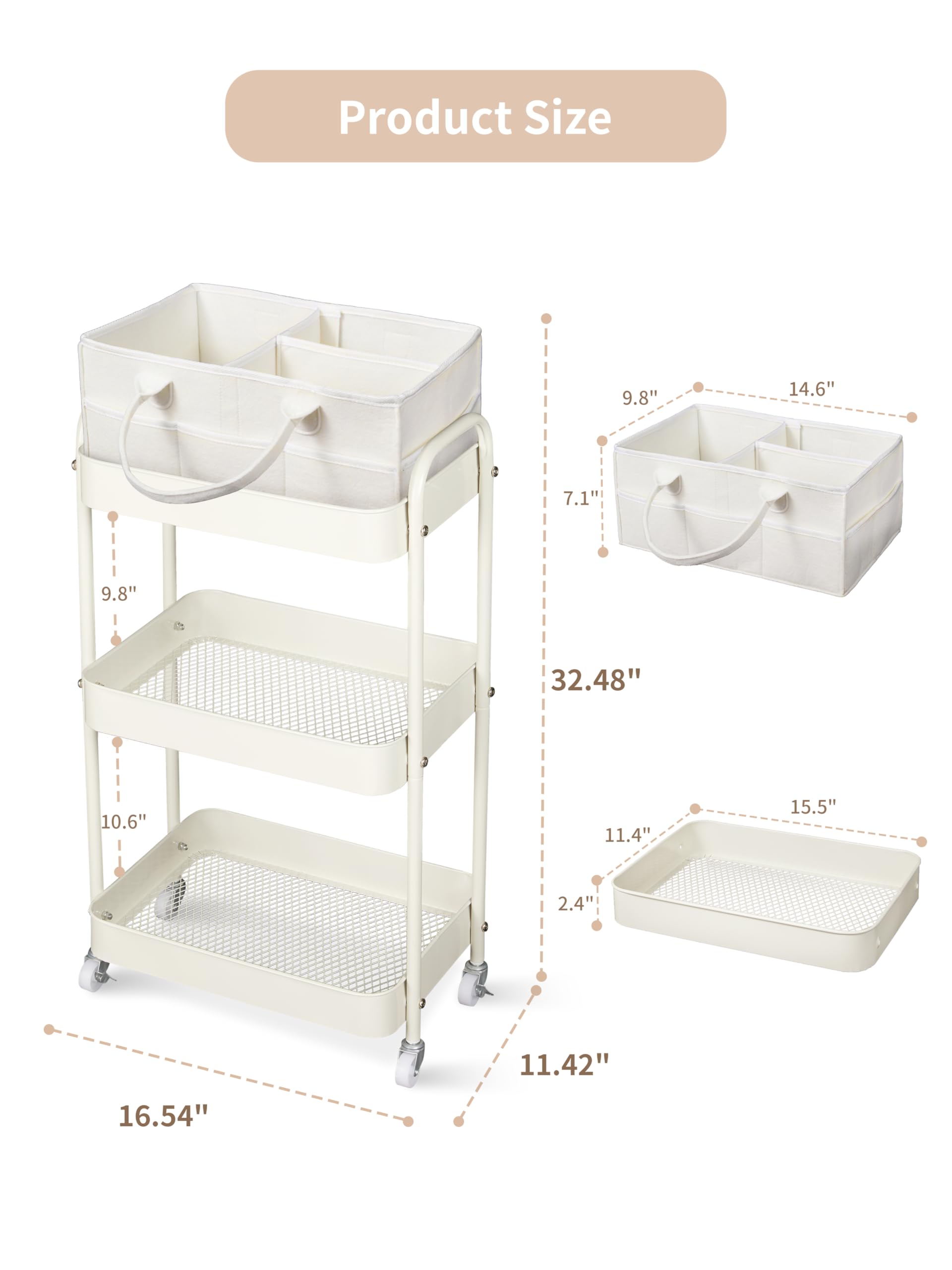 Fortella Wózek na pieluchy 2 w 1 i organizer do pokoju dziecięcego, 3-poziomowy mobilny wózek użytkowy, zdejmowany pojemnik przy łóżku, duży schowek na niezbędne artykuły dla niemowląt, metalowa rama