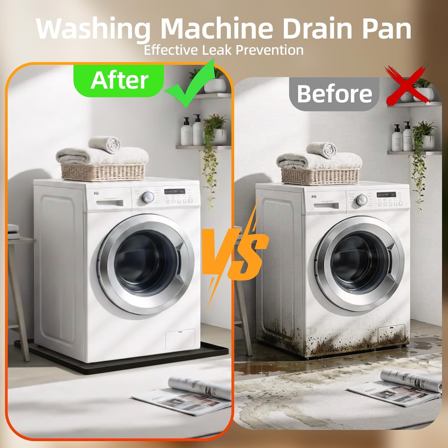 Washing Machine Drain Pan Silicone Mat, 32 x 30 Inch Washer Drip Tray, Non-Slip Waterproof Washer Tray for Floor Protection, Anti-Vibration Mat for Washer or Dryer