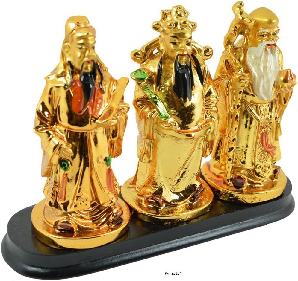 Ryme Vastu/Fengshui Golden Fuk LUK Sau Family On Black Stand for Wealth and Prosperity
