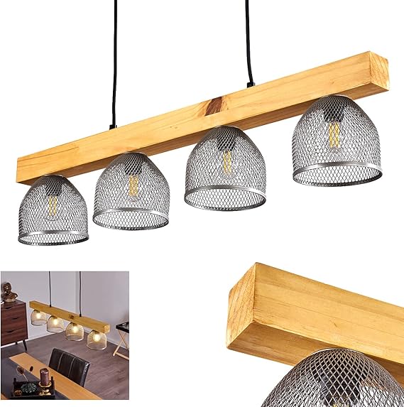 hofstein Hanglamp Camotes, plafondlamp van metaal nikkel-antiek en hout, retro/vintage look kamerlamp 4 x E14, zonder lampen