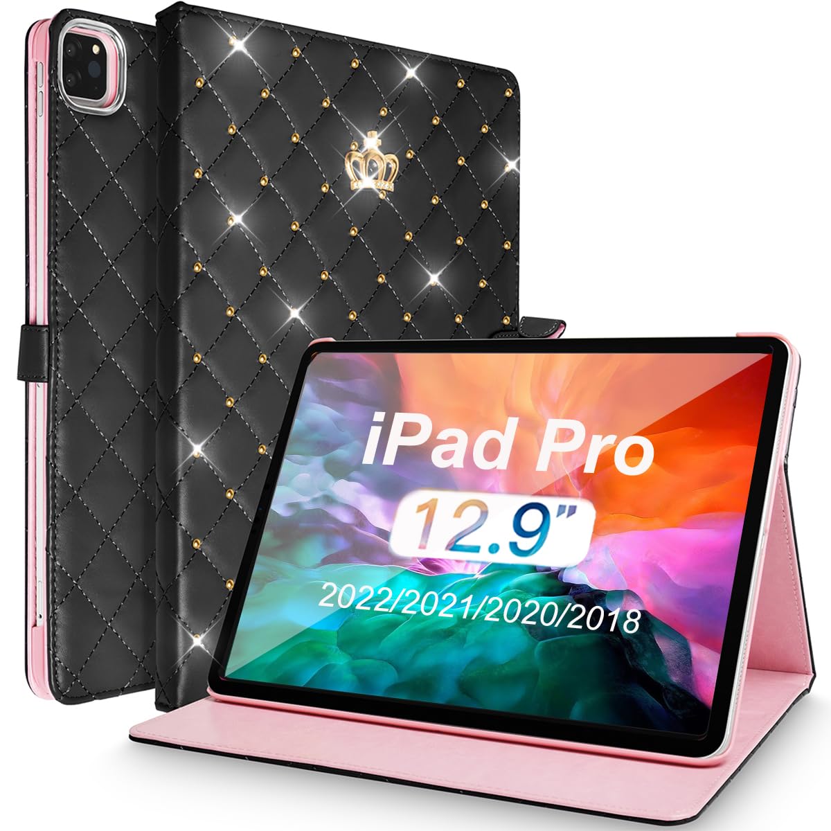 AuroiCCY for iPad Pro 12.9 inch 6th/5th/4th/3rd Case (2022/2021/2020/2018), Girly Woman Cute Crown Elegant PU Leather Bling Diamond Smart Auto Wake/