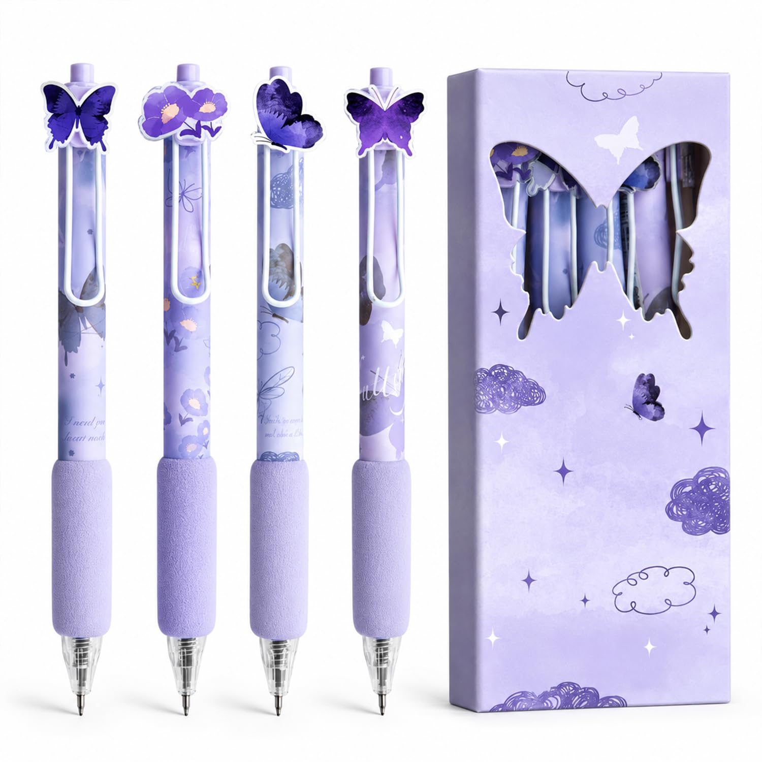 4 Pcs Purple Butterfly Ballpoint Pens, Aesthetic Stationery Gifts for Women