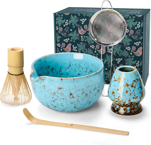 MONOJOY Matcha Whisk Set Ceramic Bowl with Spout Includes Chasen and Holder, Bamboo Scoop, Sifter Kit, Ceremonial Matcha Tea Cute Making Tool Gift Perfect for Matcha Latte Lovers | Beginners, 5pcs