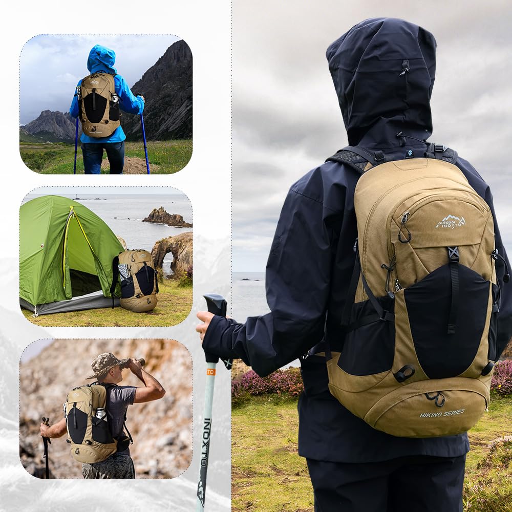 INOXTO Wanderrucksack 25L, mit 3L Wasserbeutel leichter Wanderrucksack mit Regenschutz für Bergsteigen, Wandern, Camping, OutdoorSportarten für Damen und Herren (Khaki, standard)