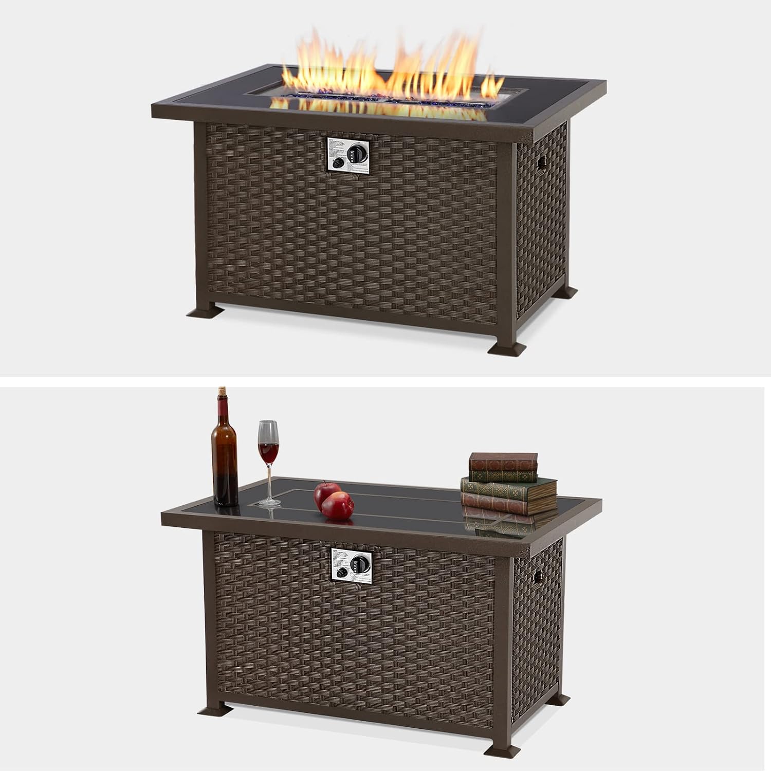 U-MAX Propane Gas Fire Pit Table, 44inch 50,000 BTU CSA Certificate Gas Firepit Aluminum Frame PE Rattan with Glass Wind Guard & Blue Glass Beads