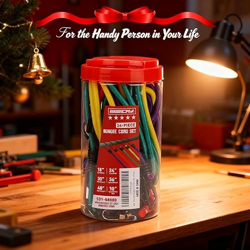 Miniatura 9 de 24 cuerdas elásticas de alta calidad resistentes al aire libre, cuerdas elásticas con ganchos en un tarro de almacenamiento que incluye 10, 18, 24,
